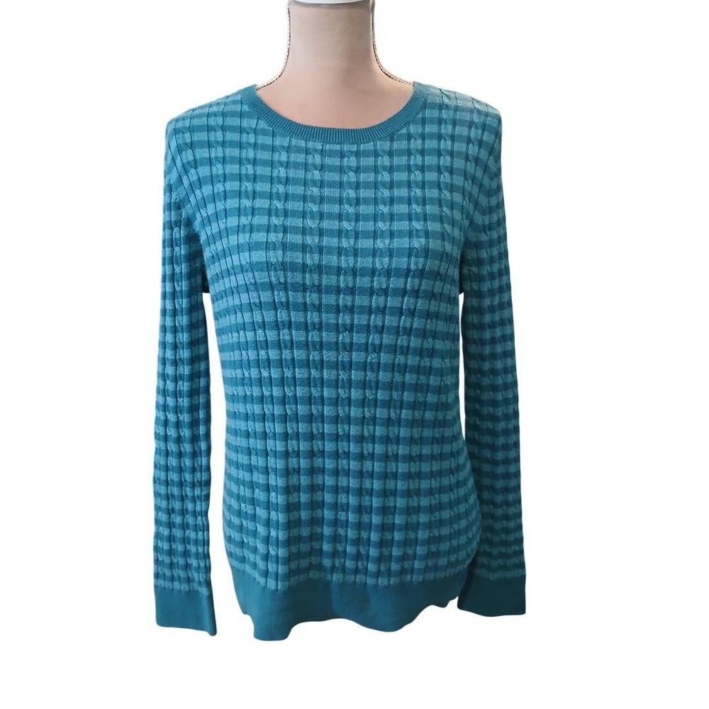 Talbots Womens Teal Blue Textured Cable Knit Crew Neck Sweater Size Large Wool